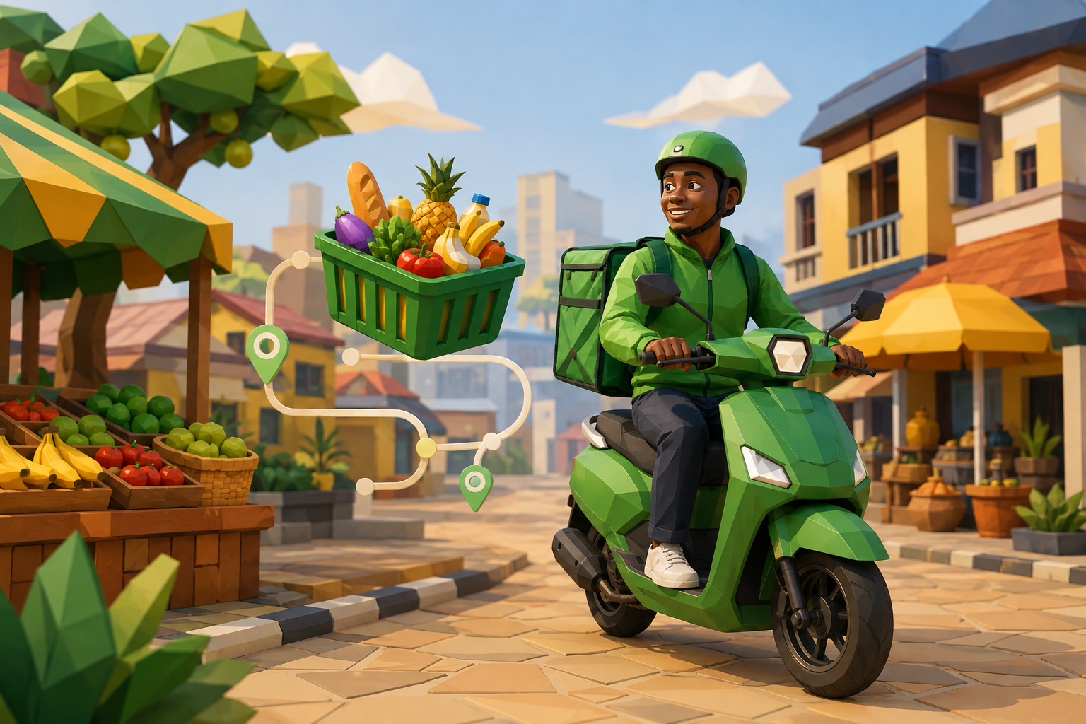 Low-poly useMarket delivery scene